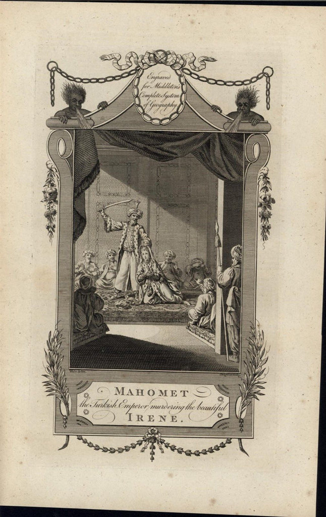 Turkish Emperor Mahomet Murdering Beautiful Irene 1777 antique engraved print