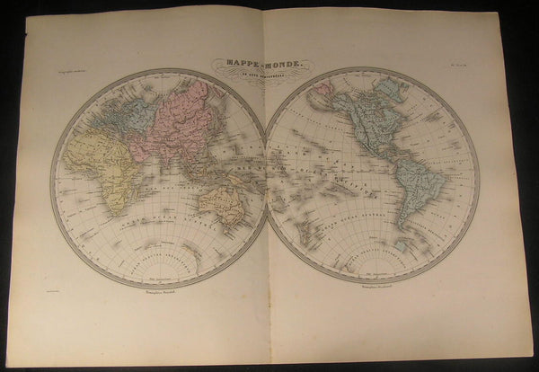 World Two Hemispheres Hawaii Korea Australia c.1870 antique engraved color map