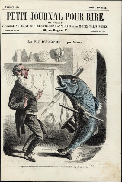 Talking Fish Wall map world Globes c.1860's Nadar hand color print Rire cover