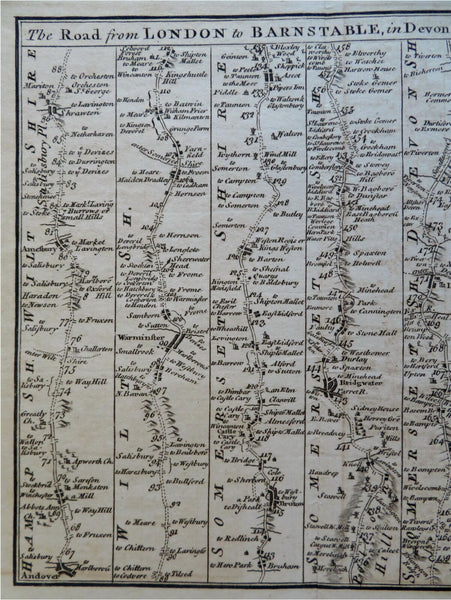 London to Barnstable to Truro Cornwall 1775 Bowen engraved road map travel