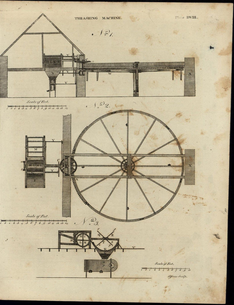 Thrashing Machine Thresher Diagram of Parts 1798 antique American print