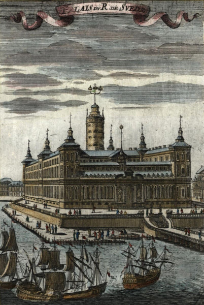 Stockholm Sweden Royal palace view 1719 Mallet early hand color print