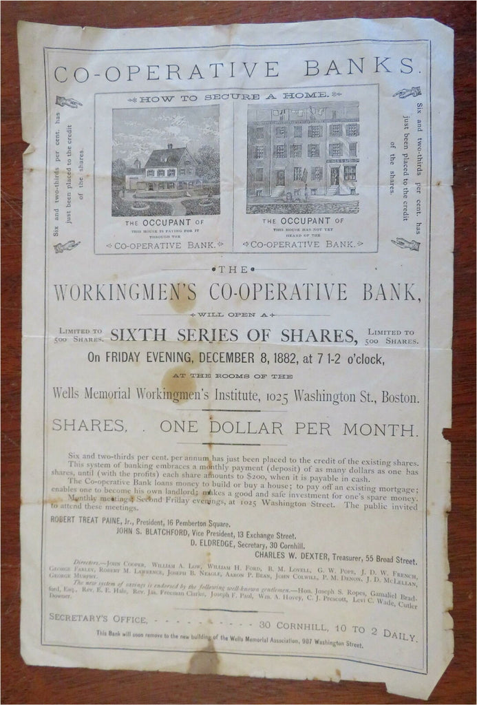 Boston MA Workingman's Cooperative Bank 1882 Broadside Ad share offering