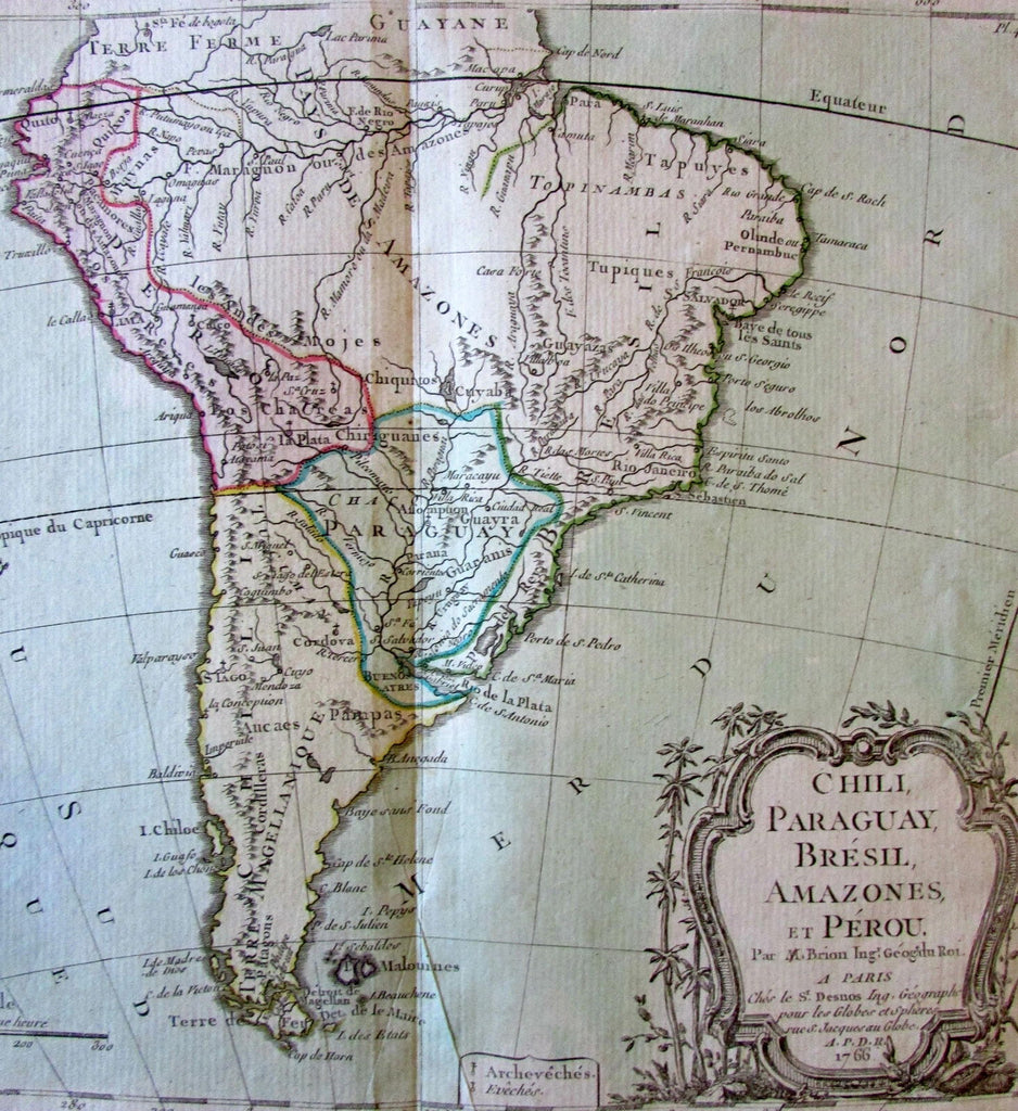 South America continent Brazil Peru Amazon 1766 Brion decorative old map
