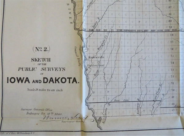 Iowa State Map U.S. Survey Details 1861 Bien lithographed folding map