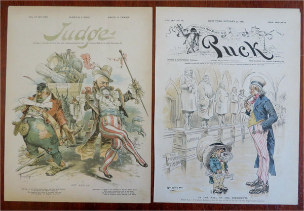 Uncle Sam U.S. Politics Harrison 1880s Puck Political Cartoons Lot x 2 great art