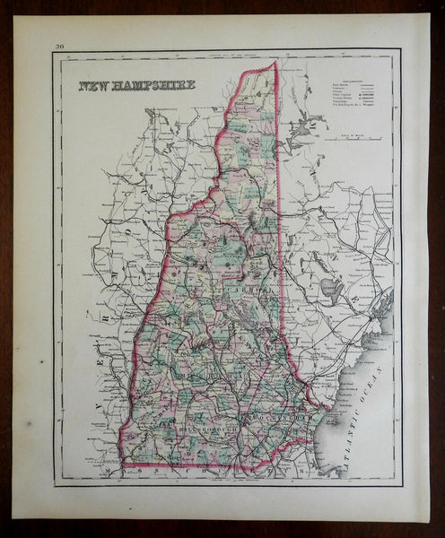 New Hampshire state map Concord Portsmouth 1876-9 O.W. Gray fine large map