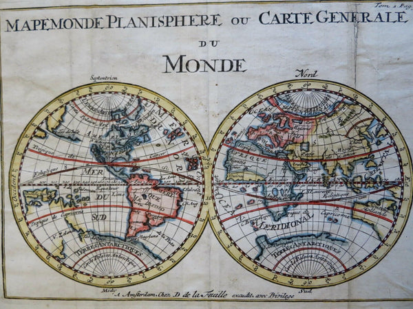 California as Island World Map Hemispheres c. 1700 de la Feuille hand color map