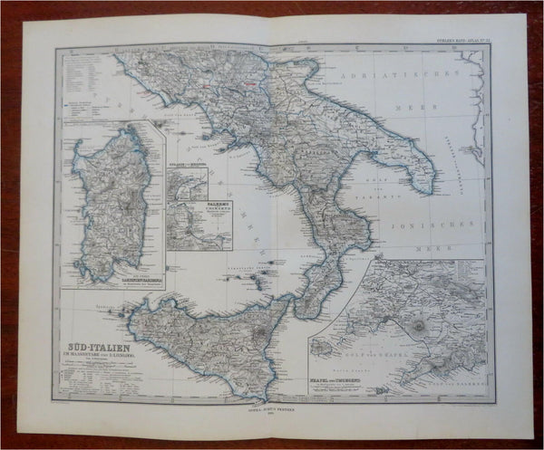 Southern Italy Calabria Sicily Naples Palermo 1880 Petermann detailed map