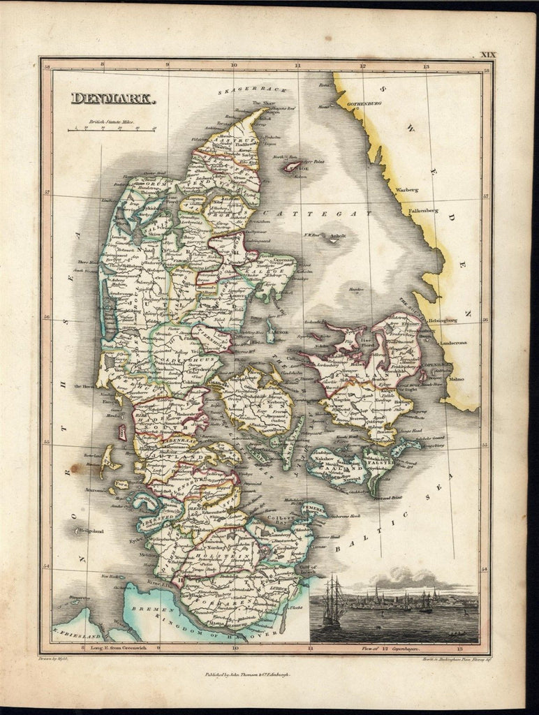 Denmark w/ Copenhagen panorama view 1820's Thomson fine old vintage antique map