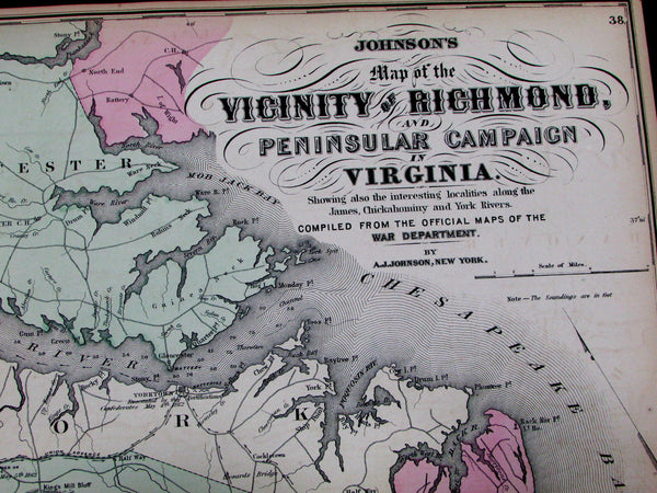 Richmond Virginia Peninsular Campaigns Civil War 1862 Johnson detail antique map