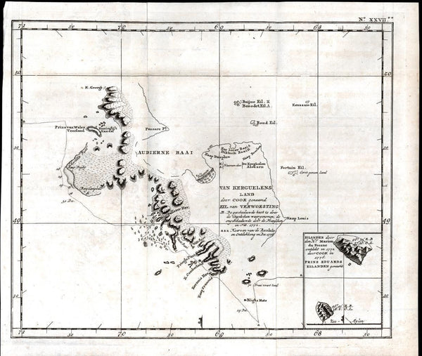 Kerguelen or Desolation Islands Pacific Captain Cook 1801 antique engraved map