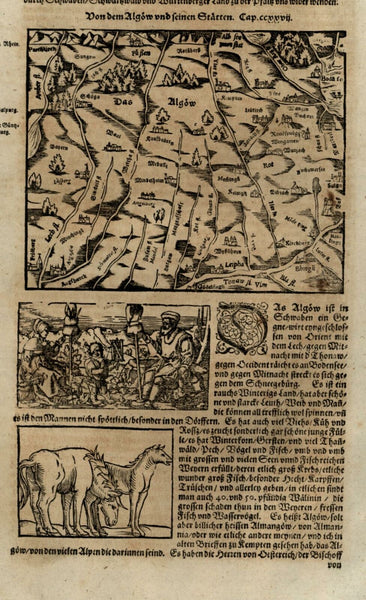 Germany Bavaria & Baden Regions Algow 1628 Munster Cosmography wood cut map