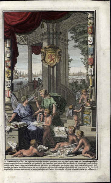 Frontis Allegory cherubs scholars heraldry family crests 1744 fineantique print
