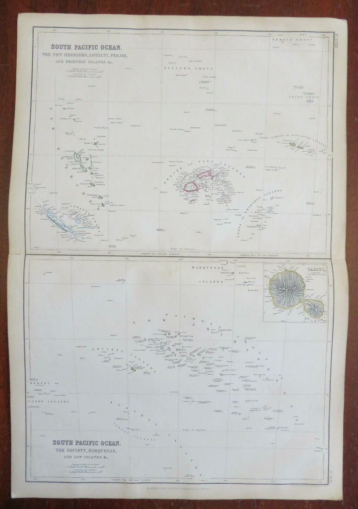 South Pacific Society Islands Fiji Tahiti Marquesas 1860 Bartholomew large map
