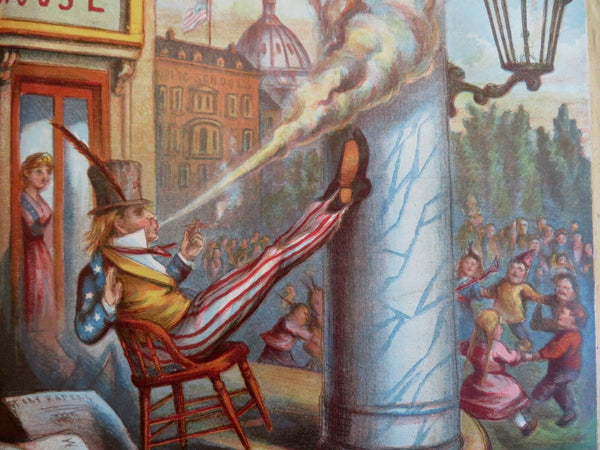 Uncle Sam Blowing Smoke White House Lady Liberty 1870's political cartoon