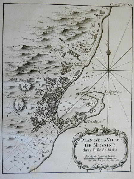 Messina Sicily detailed city plan military fortifications 1760 Bellin map