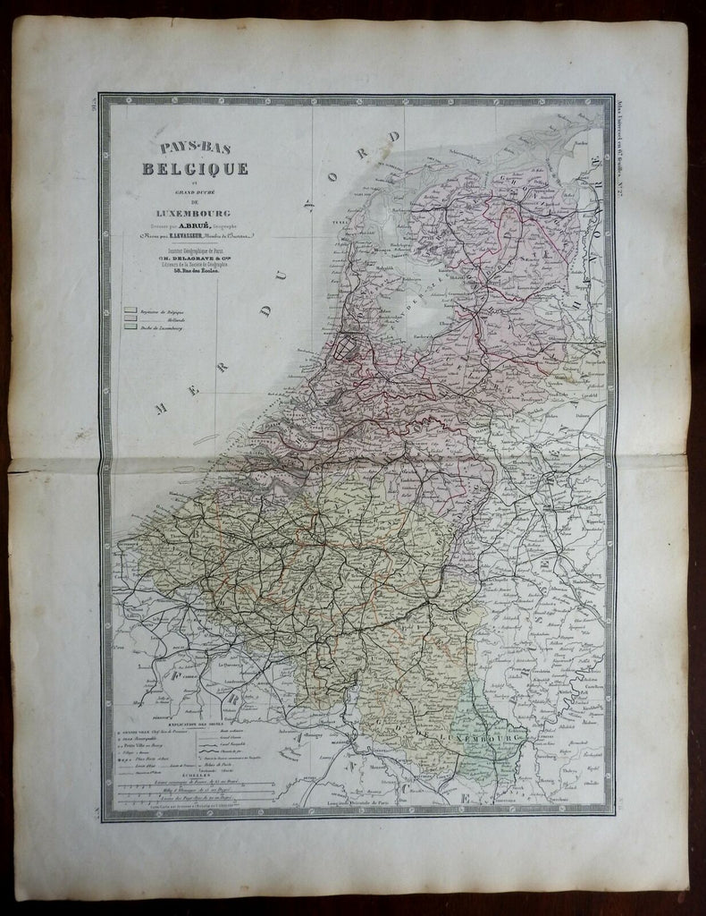 Netherlands Belgium Luxembourg c. 1850's Brue large detailed map hand color