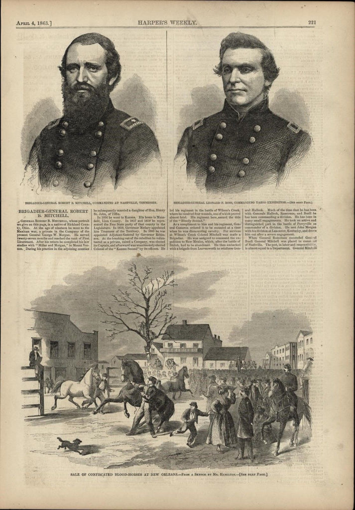 Sale Confiscated Horses New Orleans 1863 antique Harpers Civil War print