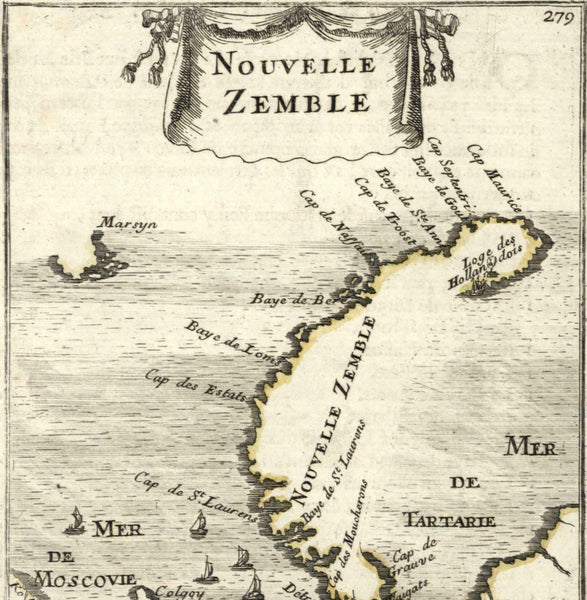 Arctic Novaya Zemlya Russia Nouvelle Zemble sailing ships 1683 Mallet map