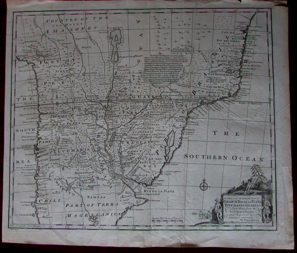 South America Argentina Uruguay Brazil 1747 Bowen native cartouche folio map