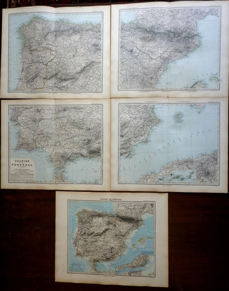 Spain set of 5 maps wall size Portugal 1889 Stieler very detailed maps