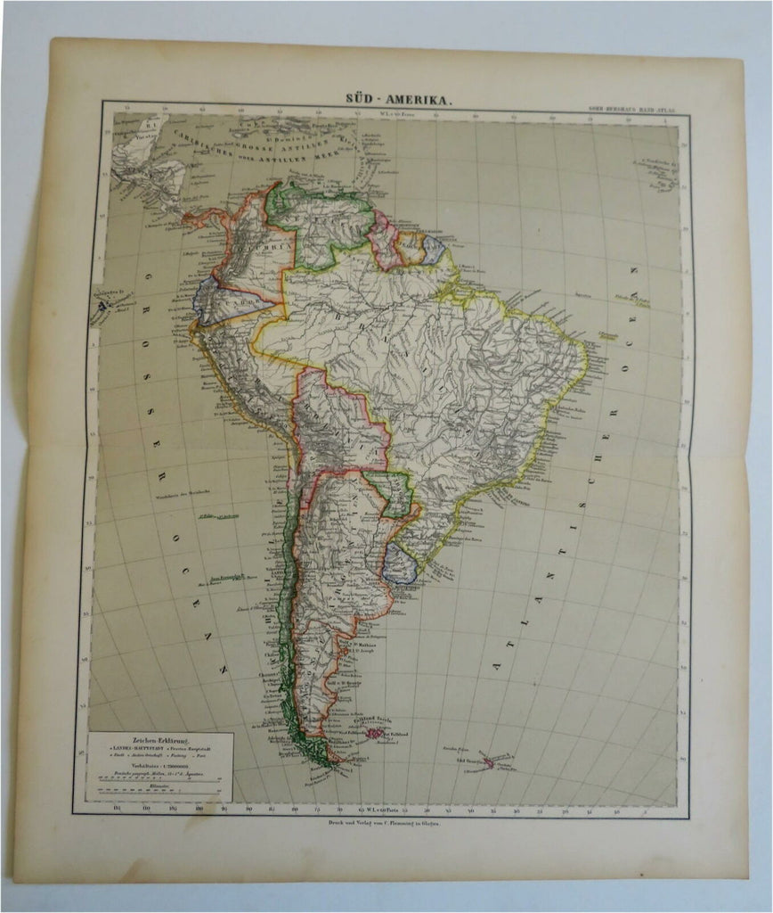 South America Brazil Peru Colombia Venezuela 1886 Flemming detailed map