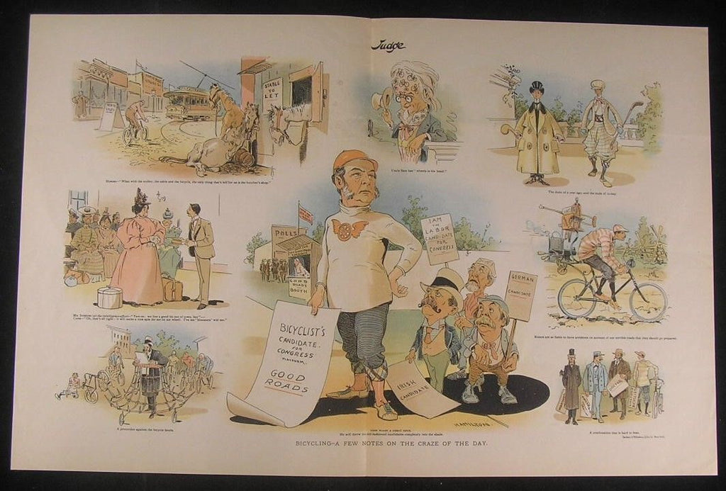 Bicycling Uncle Sam Politicized Issue c.1903 great vintage Judge color print