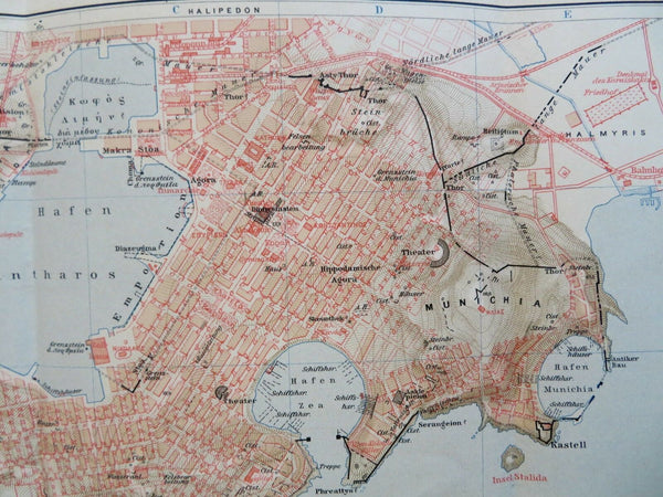 Piraeus Athens Greece Harbor c. 1870's detailed color city plan