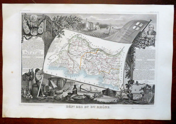 Southern France Lower Rhone Rhine River Marseilles 1856 Levasseur decorative map