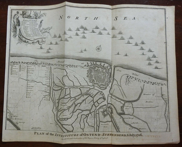 Oostende Belgium battle map c. 1740's city plan Fort St. Philip Sailing Ships