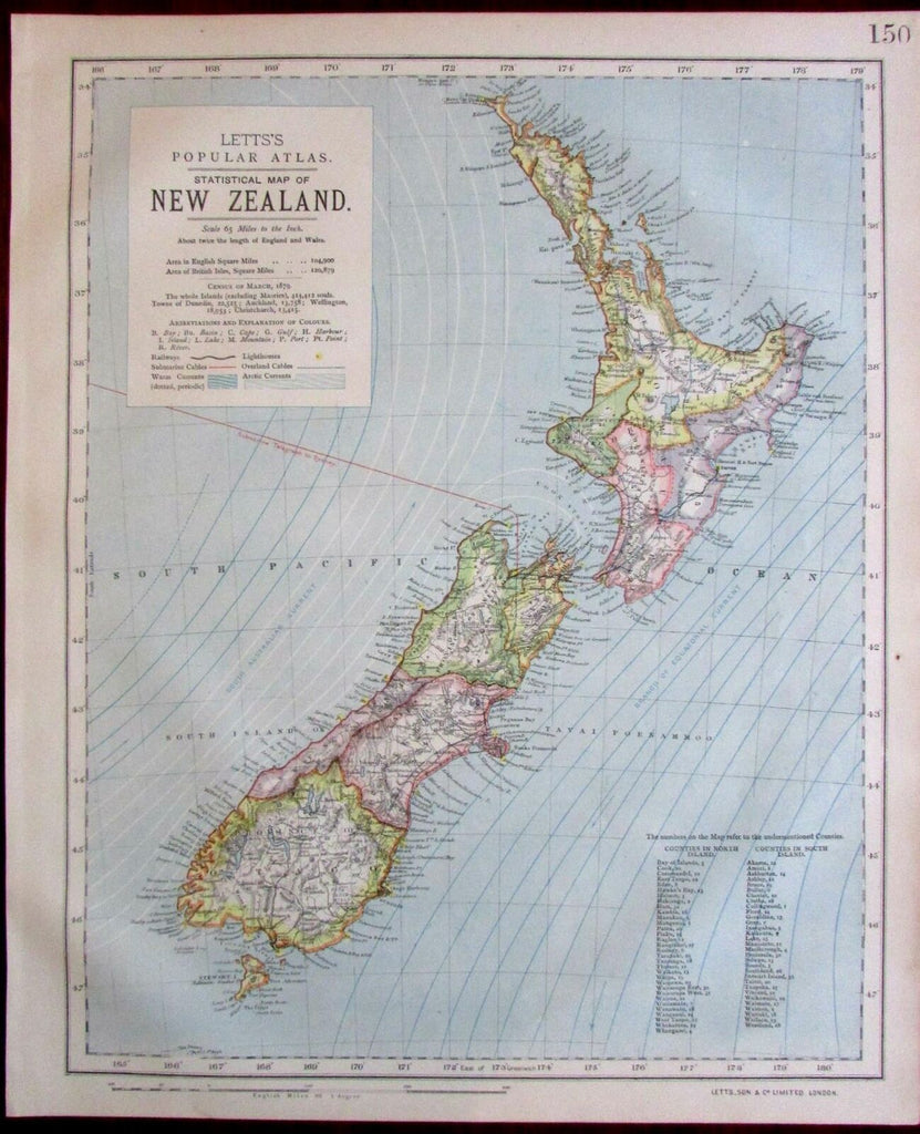 New Zealand 1883 Lett's map shows ocean currents submarine telegraph lines