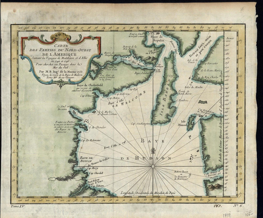 Canada Hudson Bay Barren Isle Fort of York 1759 old vintage Bellin map