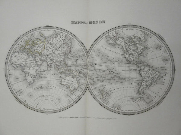 World Map in Two Hemispheres c. 1850 Tardieu large engraved map