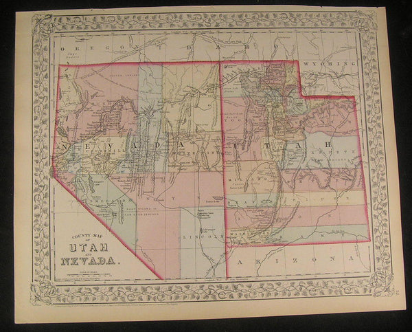 Utah & Nevada 1872 S.A. Mitchell fine antique lithograph hand color map