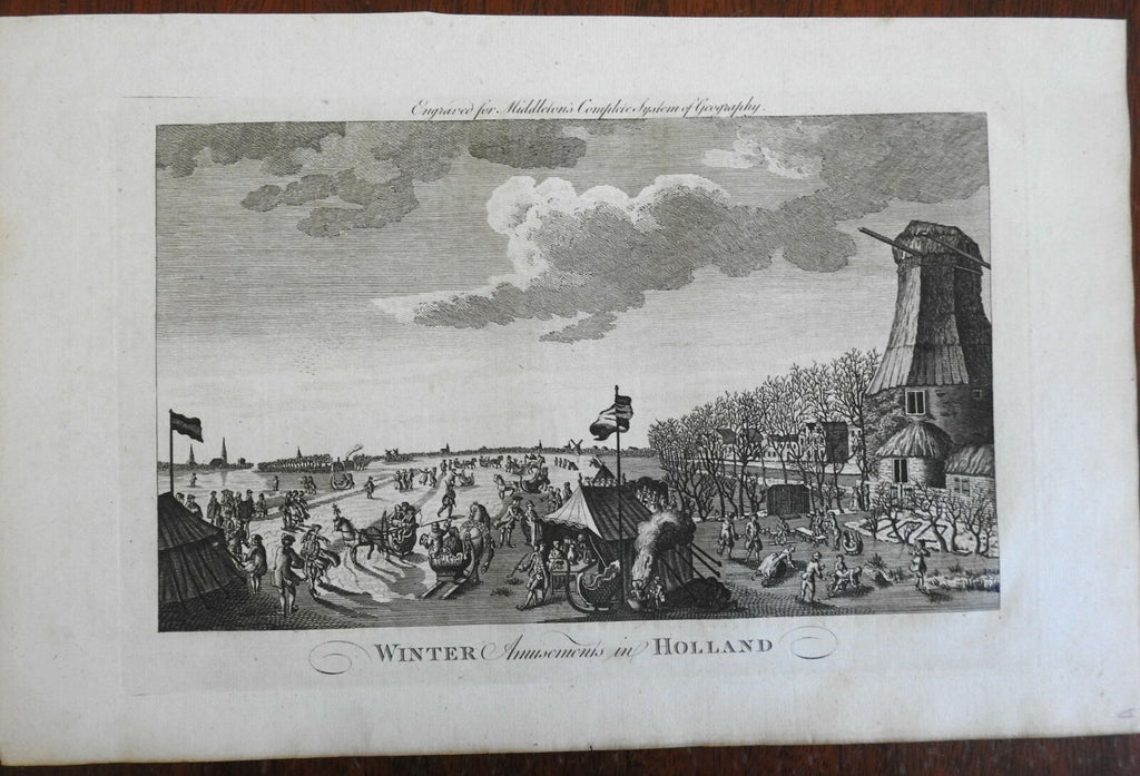 Winter Amusements in Holland Ice Skating Sleighs c. 1770's engraved print