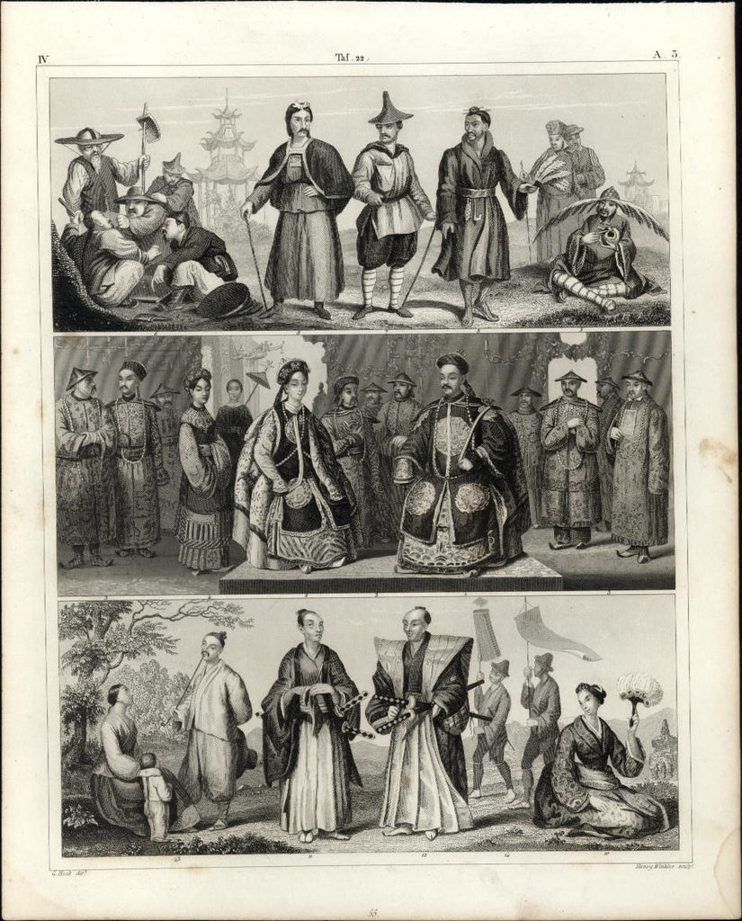 China Chinese Japanese ethnic cultural Samurai Royalty 1850s antique print