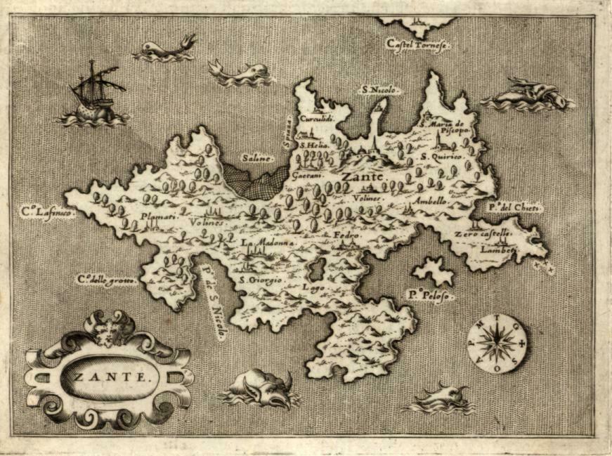 Zakynthos Greece Porcacchi 1576 Zante miniature map w/ sea monsters