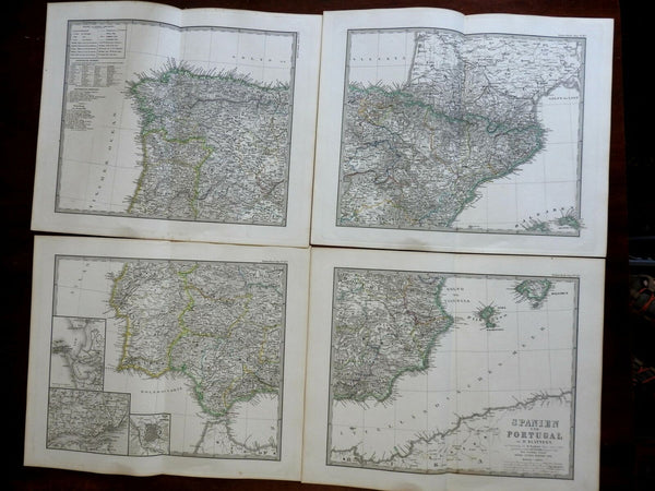 Iberia Spain & Portugal 5 map lot wall size 1865 Stieler antique maps
