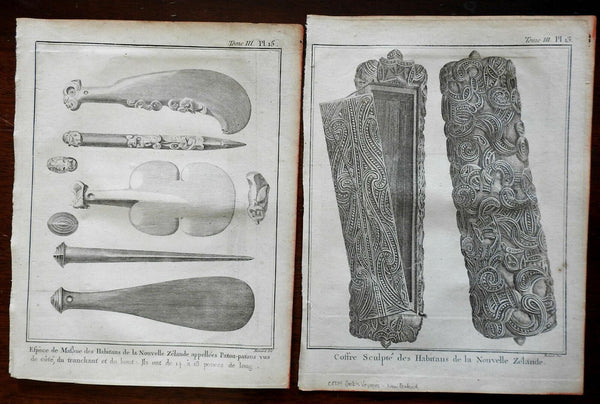 New Zealand 1774 Maori Sculpture Craft Goods Oars Paddles Chest lot two prints