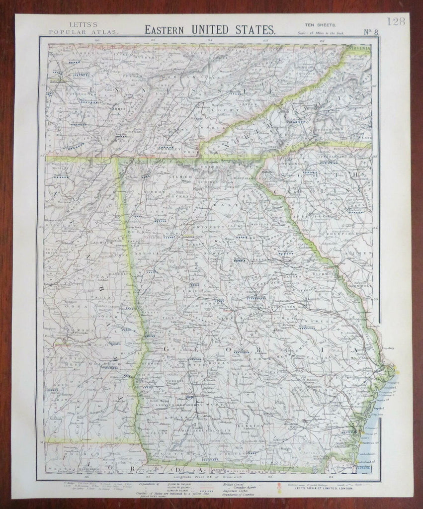 George State Savannah Atlanta Railways Lighthouses 1883 Letts scarce map