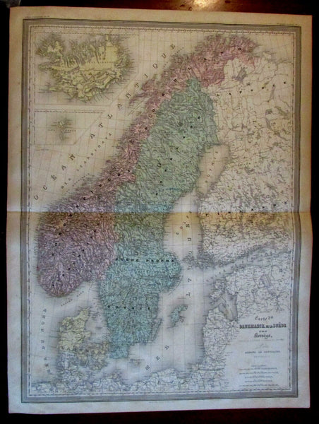 Scandinavia Norway Sweden Iceland 1865 Dufour Dyonnet huge engraved map