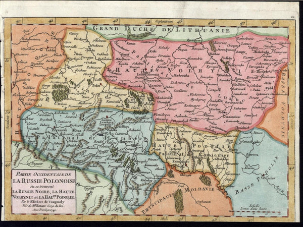 Western Russian Poland  1749 Vaugondy old vintage engraved hand color map