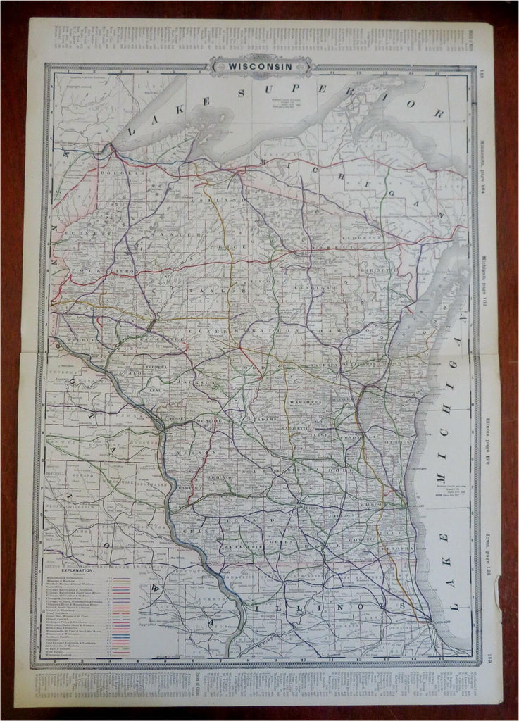 Wisconsin Madison Green Bay Milwaukee c. 1880's-90 Cram large map