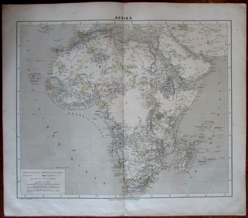 Africa Continent 1875 Fleming Nile source giant lakes hand color German map
