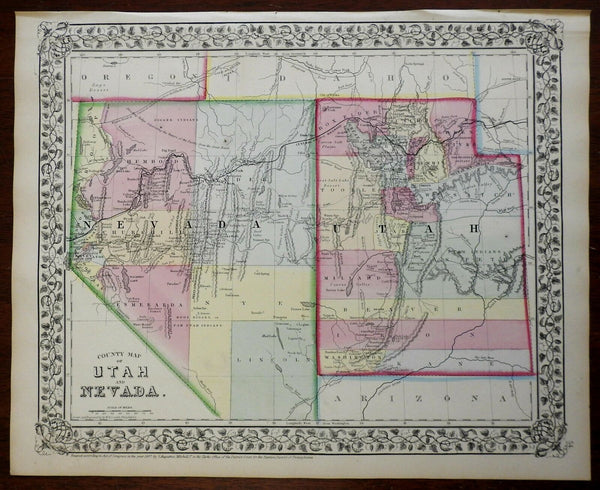 Utah & Nevada county map Carson City Salt Lake City Railroad 1872 Mitchell map