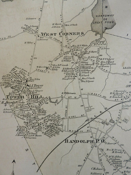 Randolph Township Tower Hill West Corners 1876 Norfolk Mass. detailed map