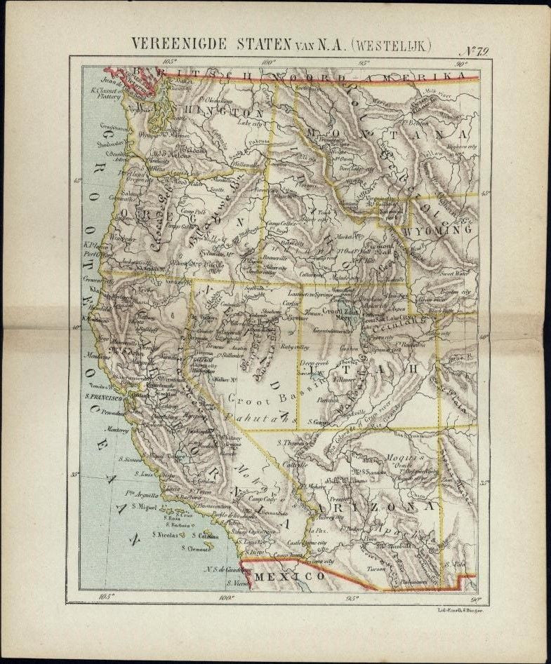 Western U.S. CA OR WA NV AZ UT ID MT WY scarce 1882 small Dutch old color map