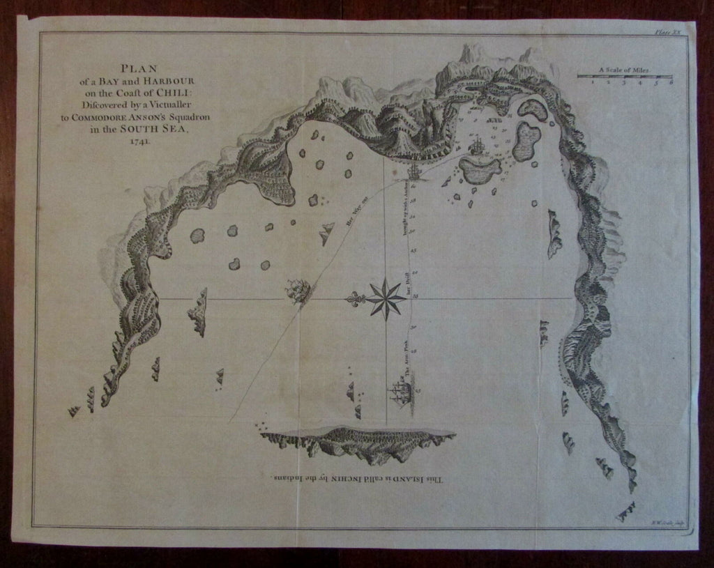 Chile Coastal Harbor Survey 1748 Anson Inchin island engraved map