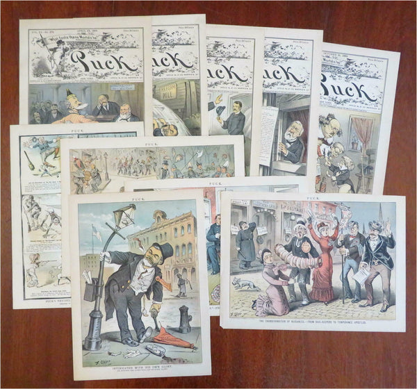 American Political Cartoons Opper Art 1880's Puck Lot x 10 scarce color prints